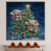 Christmas Baby Elephants Decorating Tree with Star and Ornaments in Snowy Night Scene Holiday Art Print for Nursery or Cozy Winter Home Decor on Ready to Hang 1.5" Thick Canvas Wrap, Floating Framed Canvas, Flat Rolled Canvas